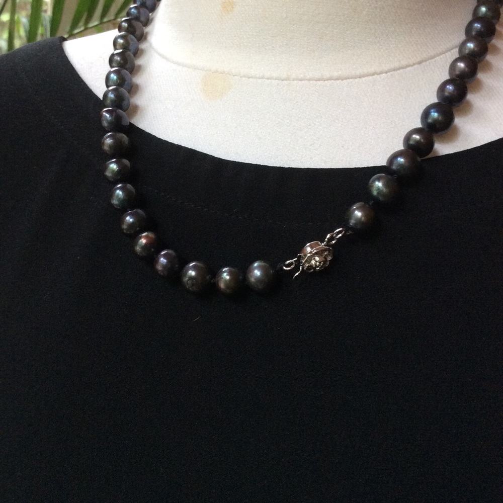Sterling Silver Black iridescence Pearl Necklace 925 - Picture 5 of 12